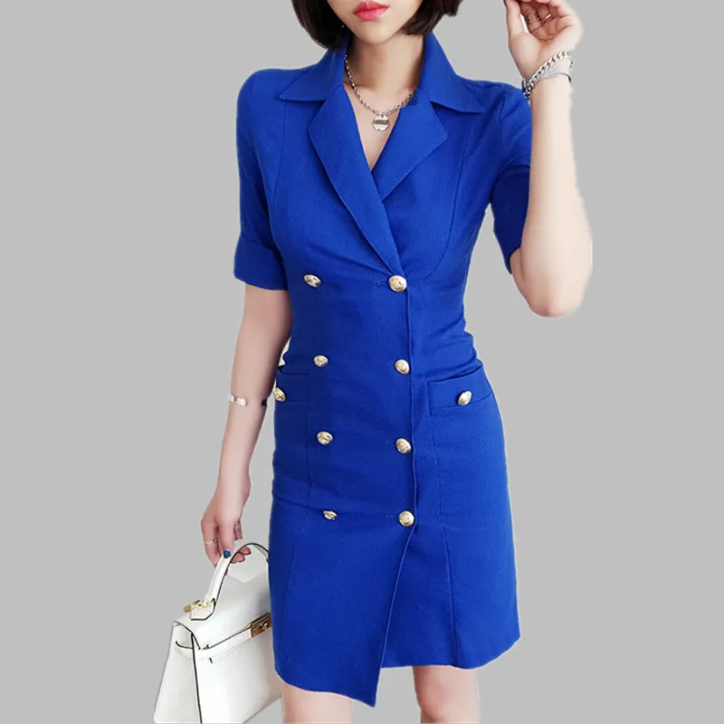 

HAMALIEL Summer Formal Sheath Work Dress Office Ladies Women Double Breasted Bodycon Dress Korean Notched Collar Pencil Dress