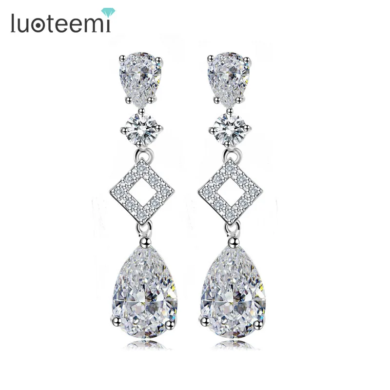 

LUOTEEMI New Women Wedding Elegant AAA Zircon Long Drop Dangle Earrings White Gold-Color Lead and Nickel Free Factory Sale