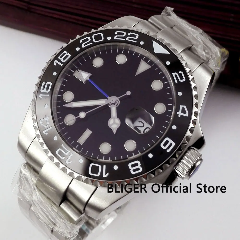 BLIGER 43mm Black Sterile Dial Ceramic Rotating Bezel Blue GMT Pointer Luminous Marks Sapphire Automatic Movement Men's Watch BLIGER 43mm Black Sterile Dial Ceramic Rotating Bezel Blue GMT Pointer Luminous Marks Sapphire Automatic Movement Men's Watch