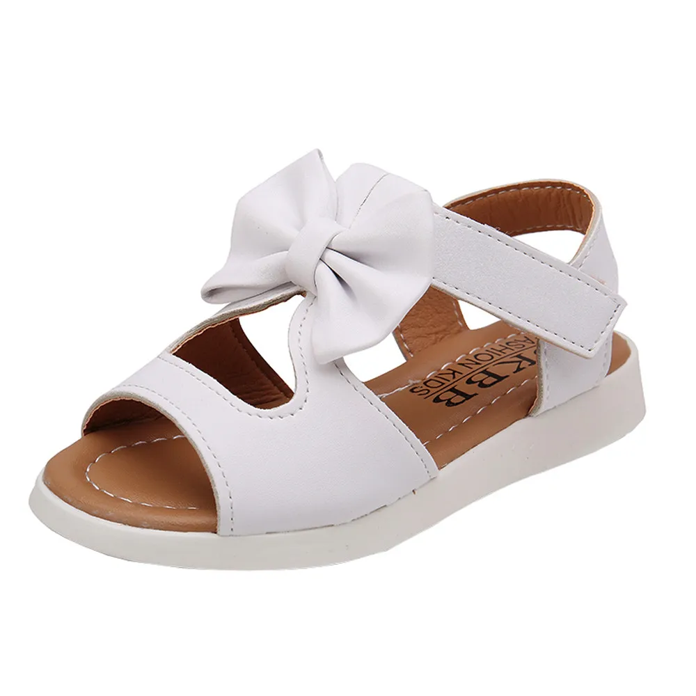 Летние детские сандалии; модные туфли принцессы на плоской подошве с бантом для девочек - Цвет: White