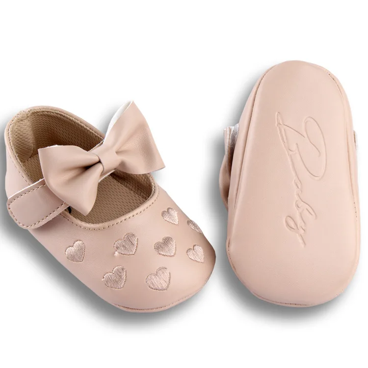 Обувь для маленьких девочек из искусственной кожи с большим бантом и вышивкой; нескользящая обувь с мягкой подошвой для новорожденных; обувь для маленьких девочек - Цвет: Apricot