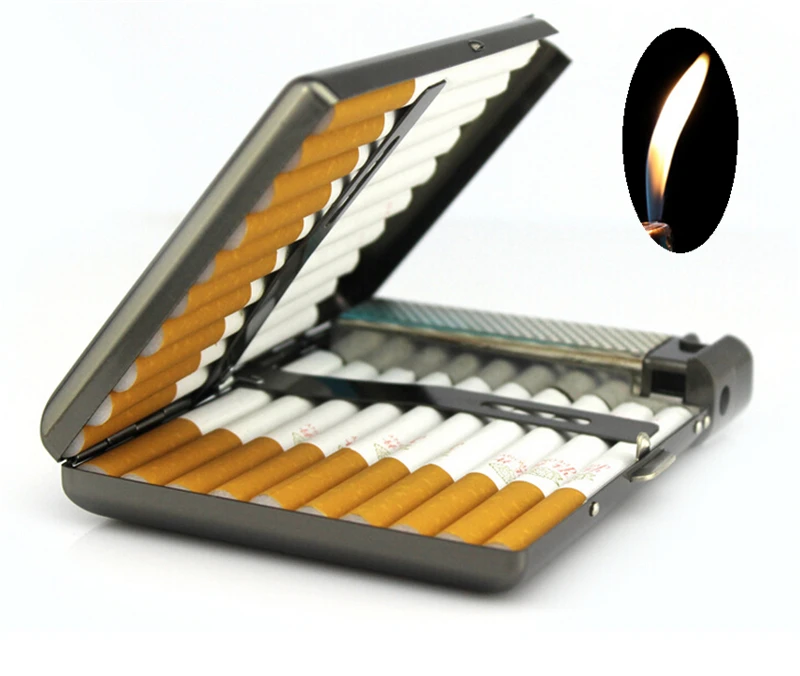 

(20 cigarette) Men's vintage metal cigarette case with butane gas lighter Lnflatable windproof lighter smoking cigarette box