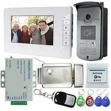 7 ”ató con alambre el teléfono video de la puerta del timbre del intercomunicador kit set con acceso RFID cámara de INFRARROJOS + cerradura eléctrica + interruptor de la puerta del envío libre