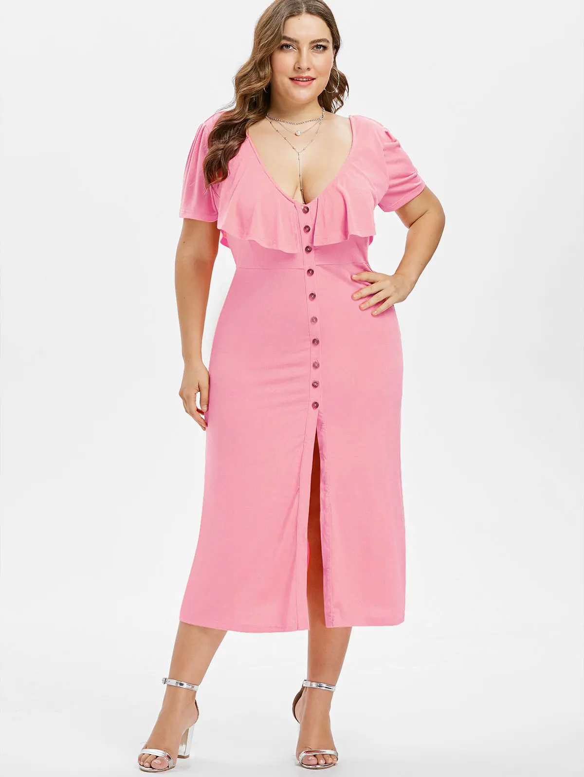 Kenancy Plus Size Plunging Ruffle Slit Low Cut Dress Criss Cross Button