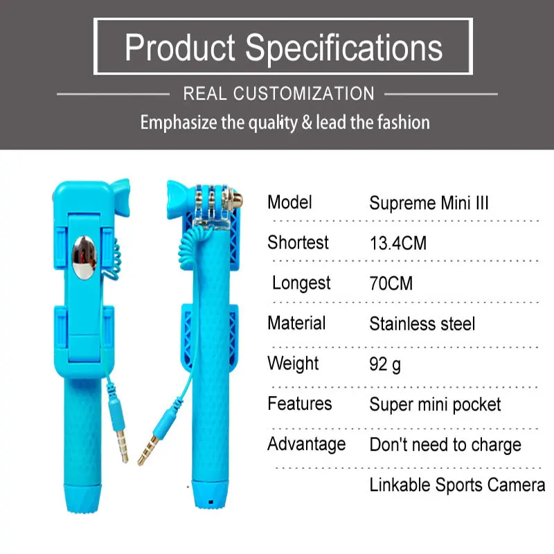 Красочные мини-аудио кабель проводной пульт дистанционного управления палка для селфи мини держатель раздвижная ручная Проводная селфи палка для смартфонов