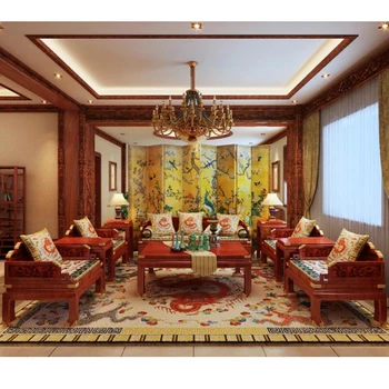 

10-Pieces Sofa Set Burma Rosewood 1+2+3 Seater Chair Hotel Living Room Furniture Set Solid Wood Tea Table Chinese Modern Carving