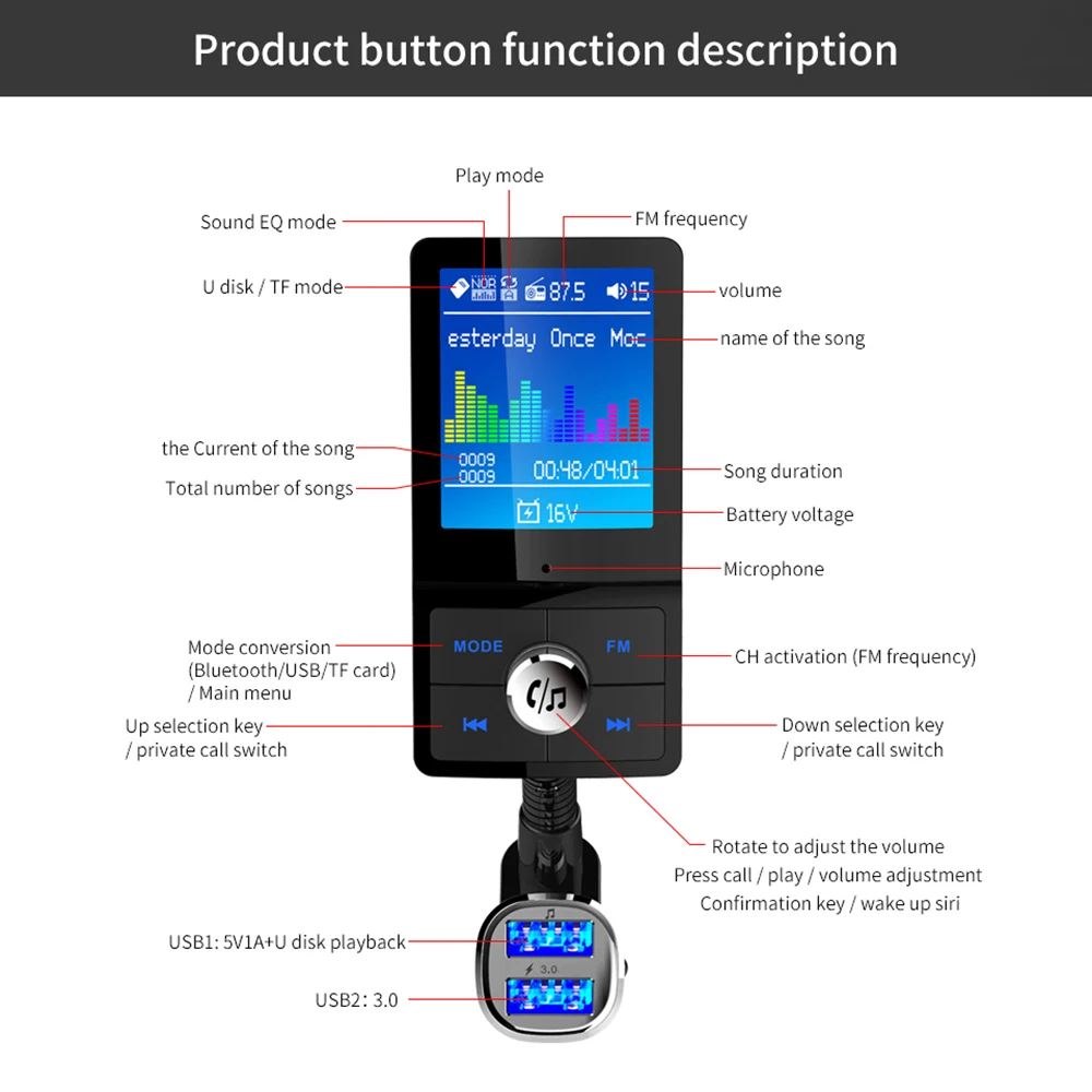 Bluetooth автомобильный mp3 музыкальный плеер fm-передатчик модулятор громкой связи поддержка вызова Сири, голосовой помощник ЖК-дисплей цветной экран