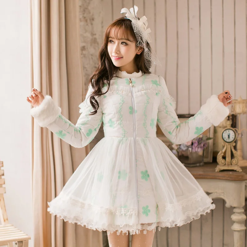 Doce Chuva de Inverno Mulher Parkas Moda Flor Único Breasted Jaqueta Pato Branco Para Baixo Fêmea de Médio longo Elegante Outwear 16CD6200