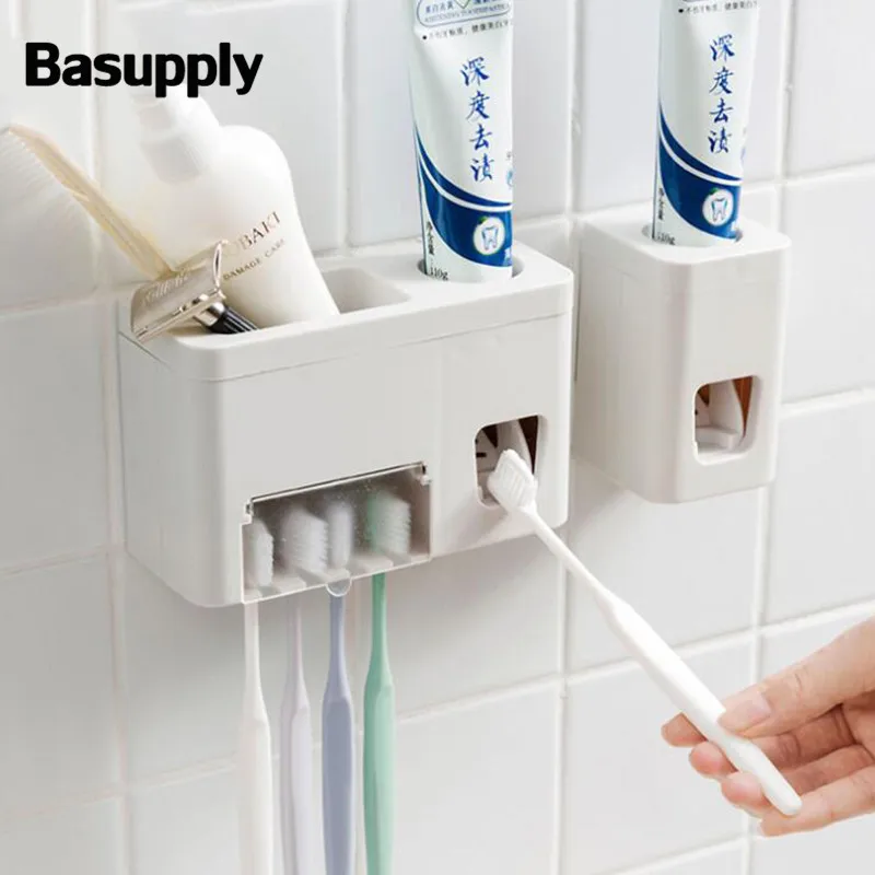 

Basupply 1Pc Wall Mounted Automatic Toothpaste Dispenser Toothbrush Holder Shaver Rack Squeezer Bathroom Accessories Sets