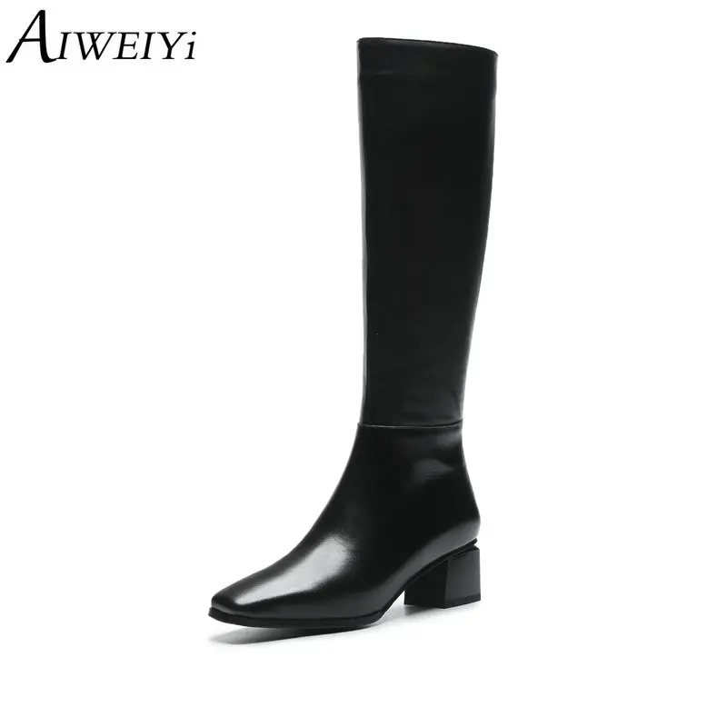 

AIWEIYi Sexy Black Knee High Boots for Women Square Toe Med Heel High Heels Boots Autumn Winter Motorcycle Botas Mujer