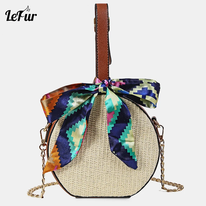 

LEFUR Women's Round Straw Bag Summer Beach Bag For Ladies Ribbon Clutch Bolsa Feminina Droshipping