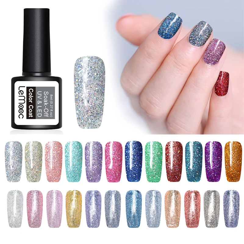 

LEMOOC Holographic Glitter Nail Gel Polish 8ml Bling Laser Sequins Soak Off Starry Sky Nail Art Gel Lacquer Manicure Design