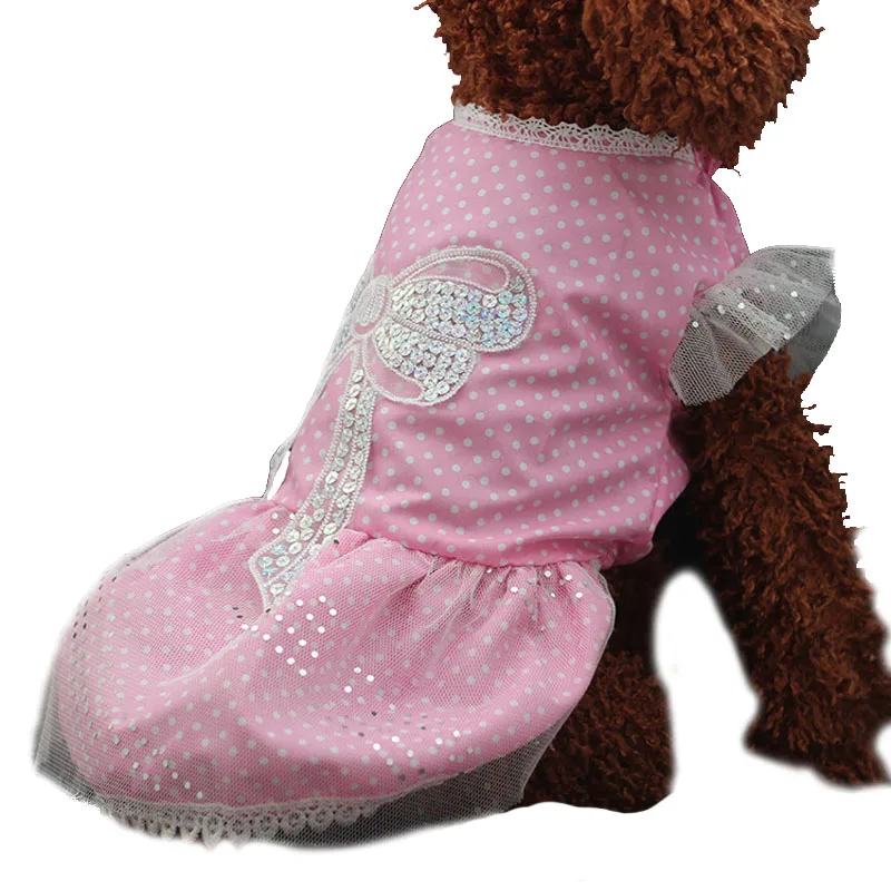 Sequins Bowknot Pet Dog Dress Dot Summer Lace Tutu Skirt XS XL Pink