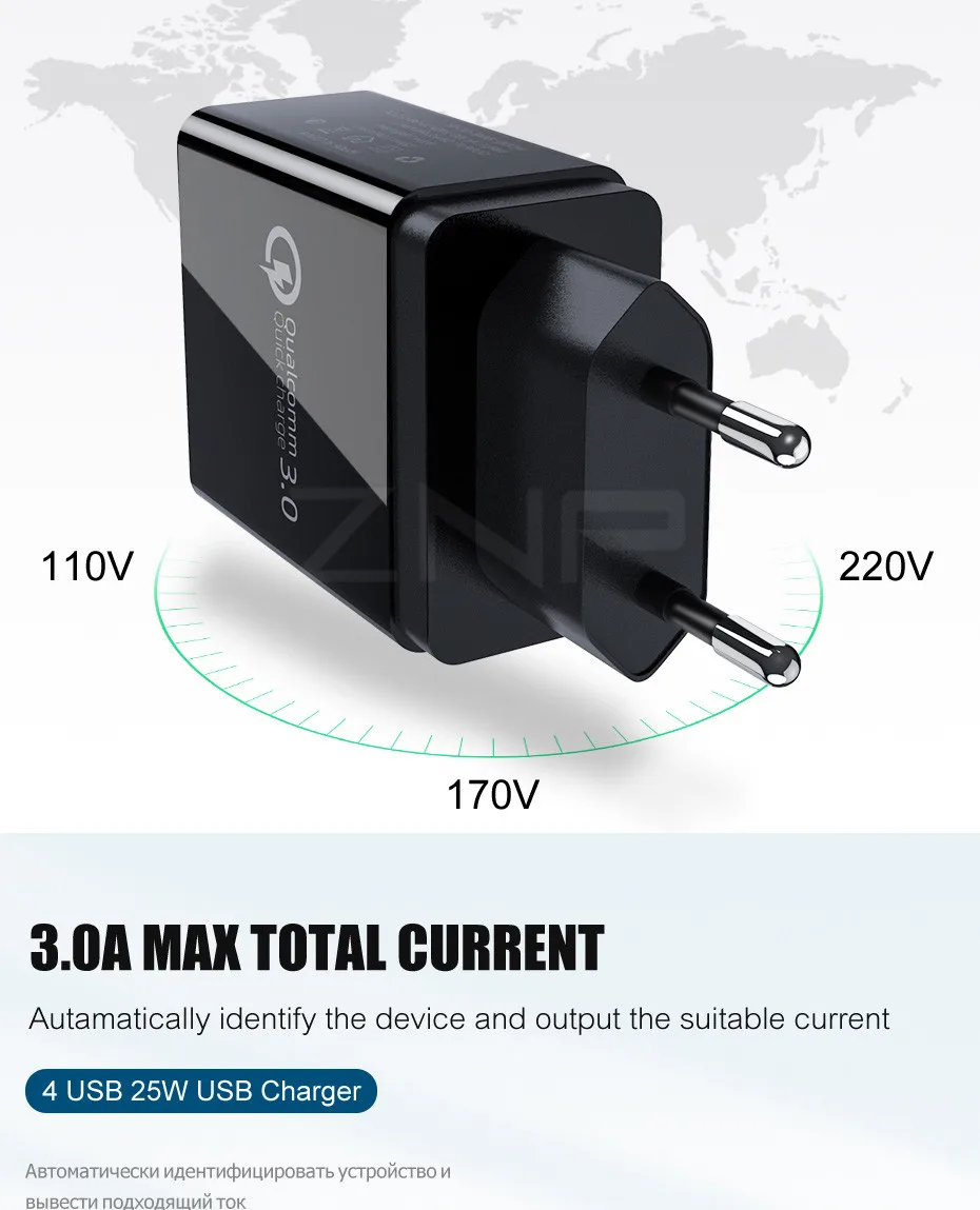 ZNP Быстрая зарядка 3,0 USB зарядное устройство 30 Вт QC3.0 QC турбо Быстрая зарядка мульти разъем зарядное устройство для мобильного телефона для iPhone X samsung S8 Xiaomi