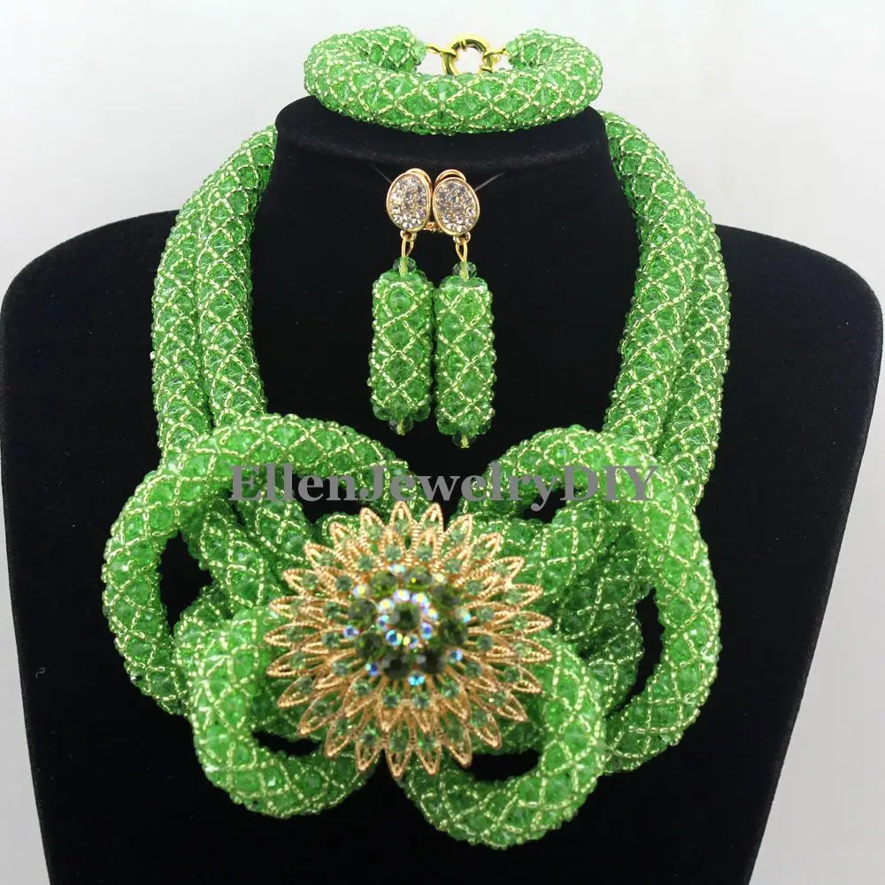 

2016 Pretty Cream Apple Green Crystal Beads Party Jewelry Sets Charms Nigerian Wedding African Beads Jewelry Set New W12880