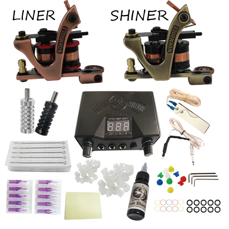 

Complete profession Tattoo kits 10 wrap coils 2 guns machine Tattoo needles sets power supply disposable needle clip cord