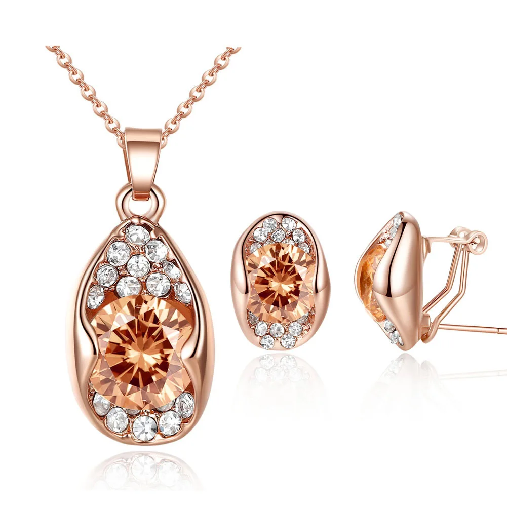 

Hot Selling Bride Classic White Champagne Crystal Rhinestone Necklace Earrings Rose Gold Wedding Jewelry Set Wedding Accessories