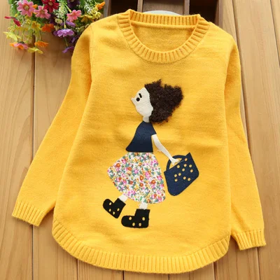 Новинка года, осенняя одежда для детей свитер для девочек детские кашемировые свитера с круглым вырезом модная одежда с аппликациями, шерстяные пуловеры Age3-14T - Цвет: Цвет: желтый