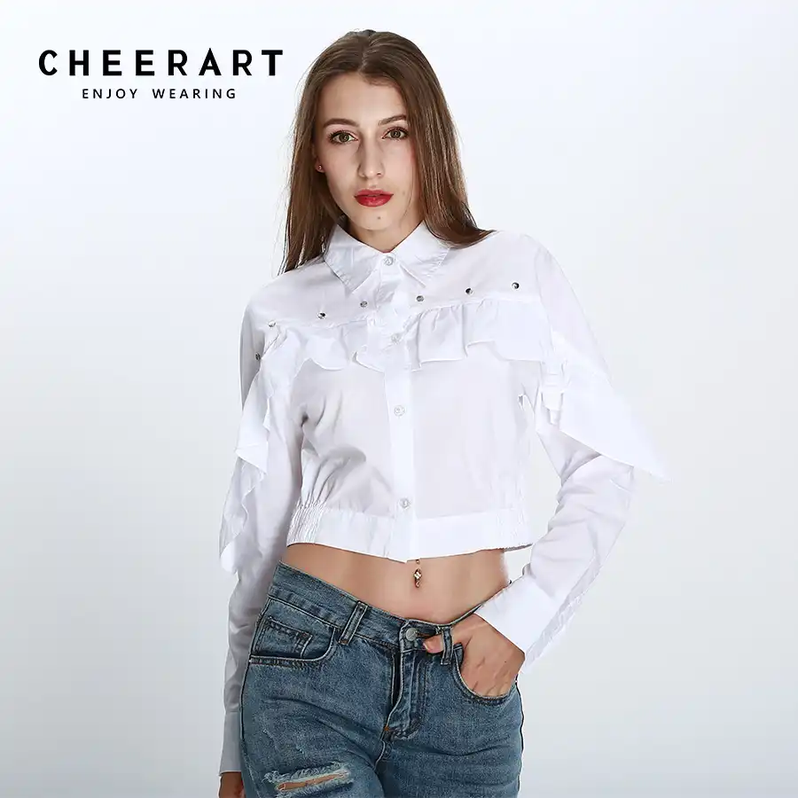 white button down shirt with ruffles