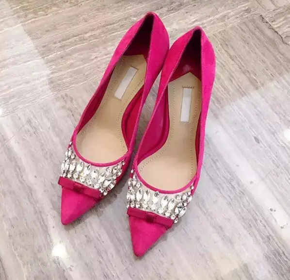 

Hot selling pointed toe woman shoes 2017 high quality suede pumps sexy crystal embellished thin heels shoes butterfly-knot shoe