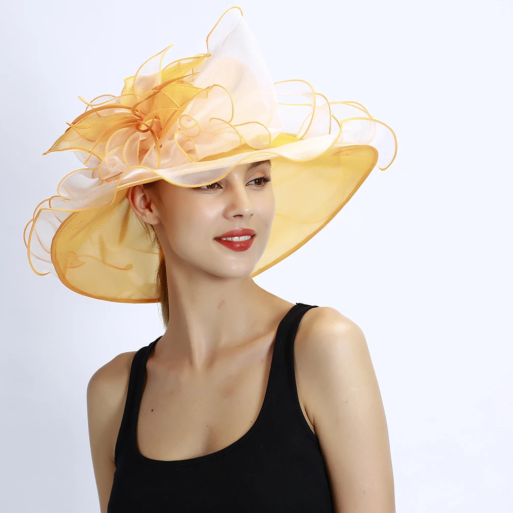 

Women Summer Kentucky Derby Wedding Church Seaside Party Floral Hat Wide Brim Sunshade Organza Hats Beach Cap S10-2867