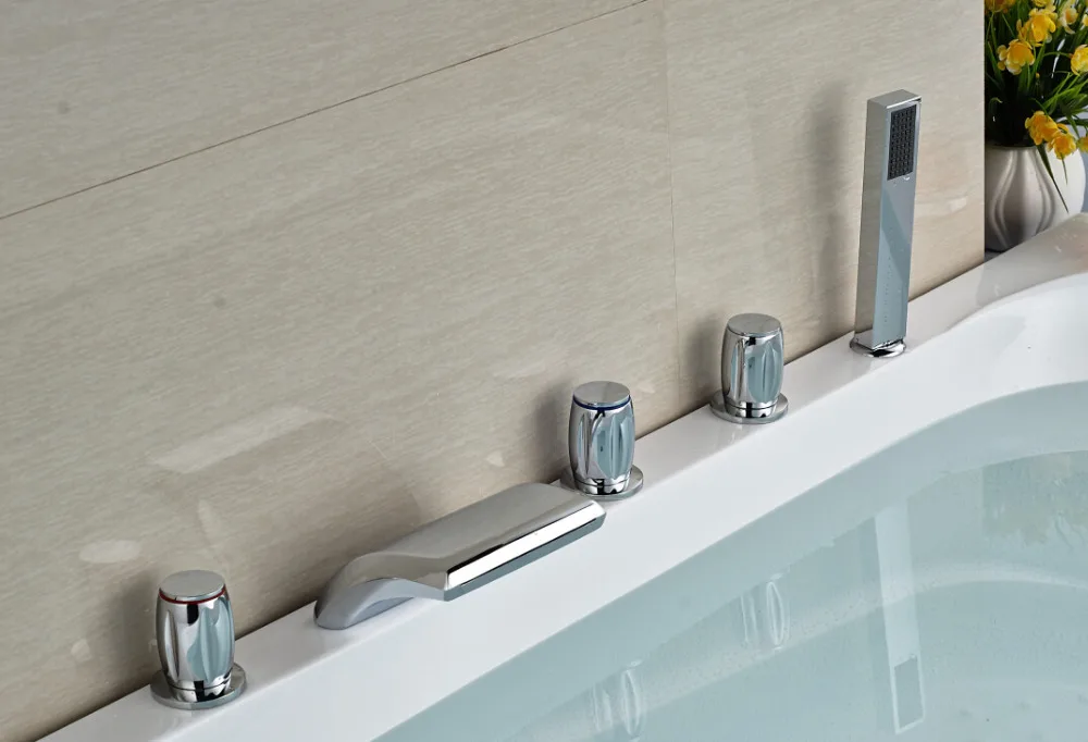 

Deck Mounted 5pcs Bathtub Faucet Axe Waterfall Spout with Handheld Shower Chrome