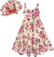 Sunny Fashion Girls Dress Full Length Flower with Hat Flower Pink 2018 Summer Princess Wedding Party Dresses Clothes Size 7-14