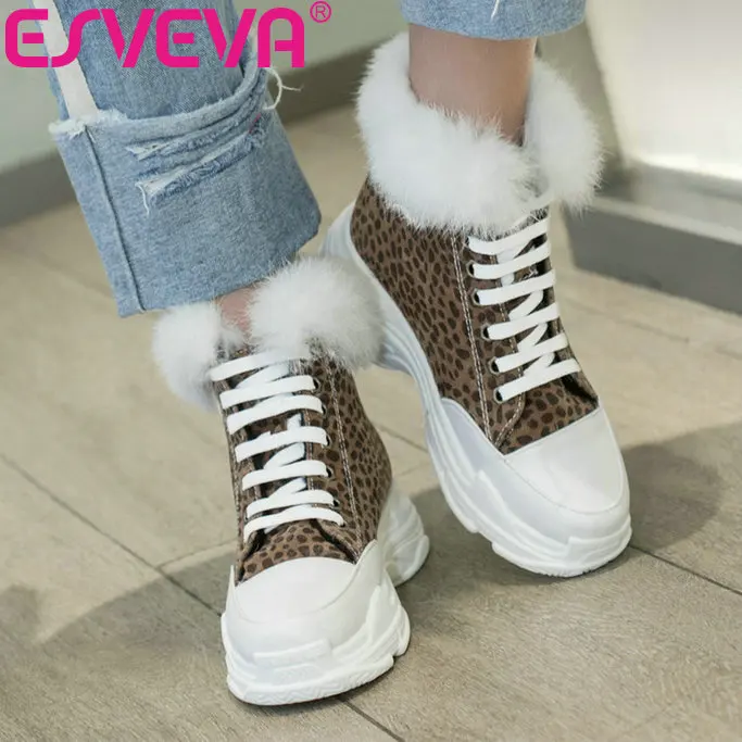 

ESVEVA 2019 Warm Fur Woman Boots Height Increasing Snow Boots High Heels Round Toe Boots Lace Up Concise Women Ankle Boots 34-43