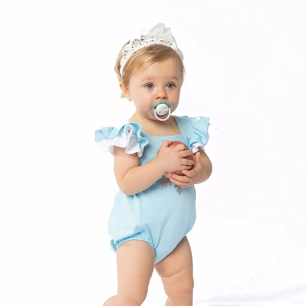 

Square Collar Blue Baby Jumpsuit with Hairband for Free 2016 Retail Snowflake Printed on the Romper for 3-24 Month Baby Cotton