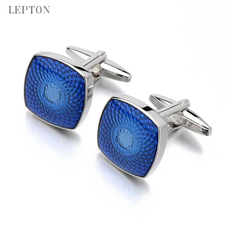 

Hot Sale Blue Enamel Cufflinks For Mens Lepton Brand Fashion Stainless Steel Square Blue Cuff links Best Gift gemelos With Box