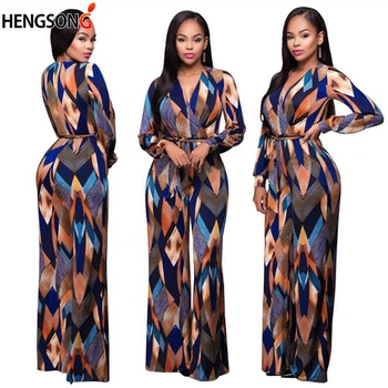 

2019 Fashion Bohemian Printing Jumpsuit Women Sexy V-neck Lace-up Wide Leg Jumpsuit Rompers Overalls For Women