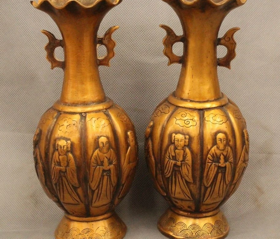 

8" Marked China Chinese Dynasty Palace Bronze Eight Immortals Bottle Vase Pair