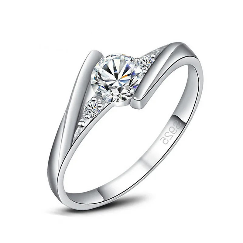 

Simple Design Elegant Chic Sparkling Gem Silvery Color Metal Engagement Ring Girl Silver Plated Copper Edge Set Junior Wedding R