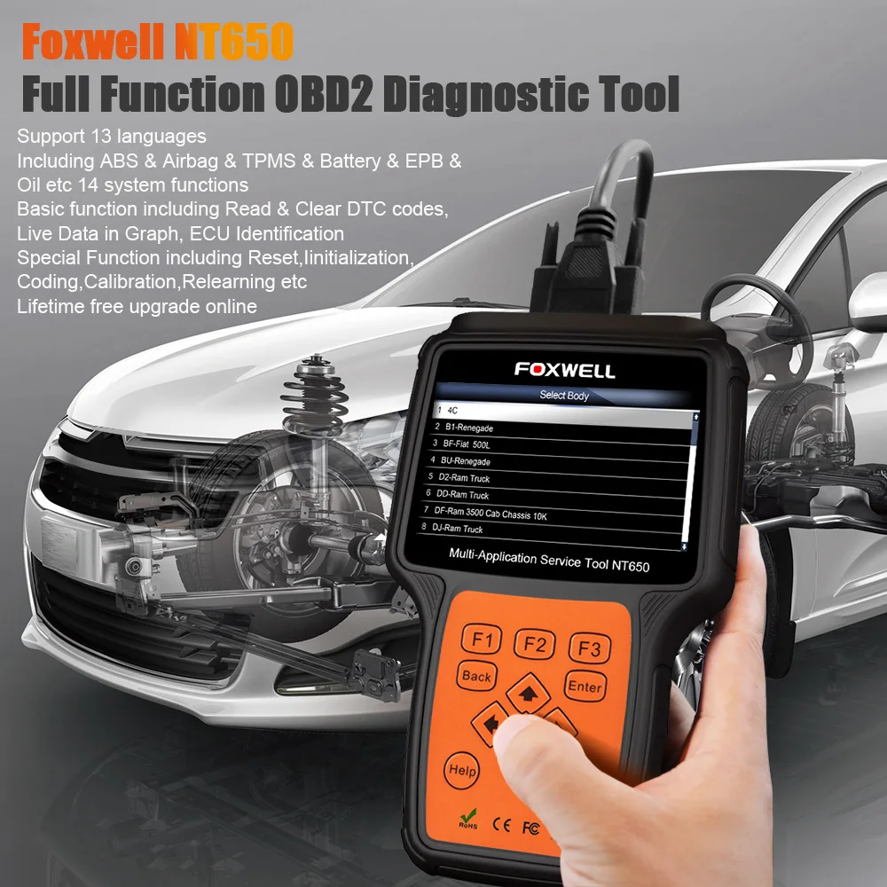 FOXWELL NT650 OBD2 диагностический инструмент автоматический сканер ABS SRS SAS EPB DPF 13