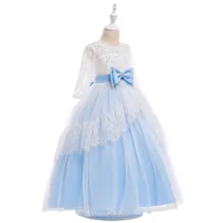 Кружевное элегантное платье принцессы с цветочным узором для девочек с большим длинным бантом и кристаллами для девочек-подростков