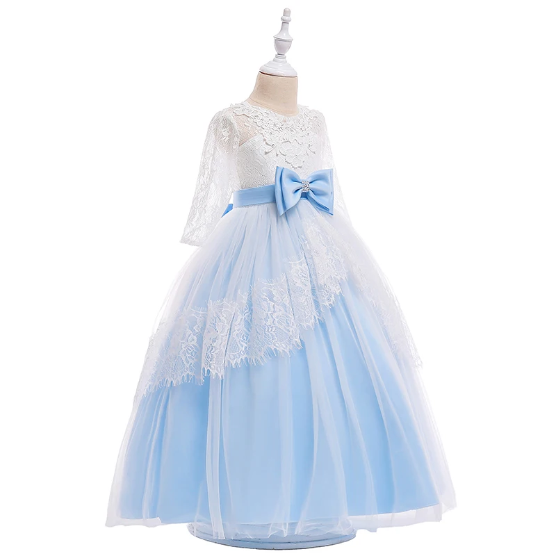 

Lace Elegant Princess Flower Girls Dress With Big Long Bow Crystal Bow Teenage Girl Formal Party Prom Dress 2019