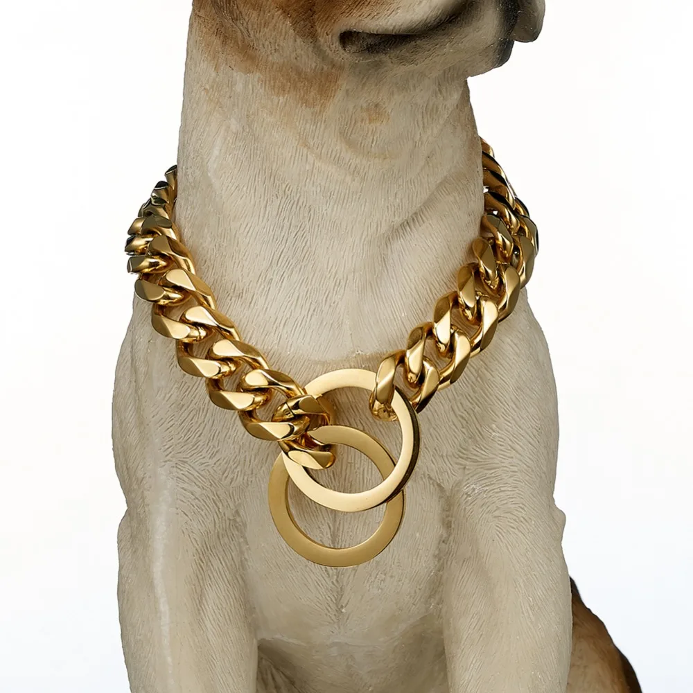 Dog Chain Collar Gold Silver Tone 15mm/19mm 316L Stainless Steel Curb