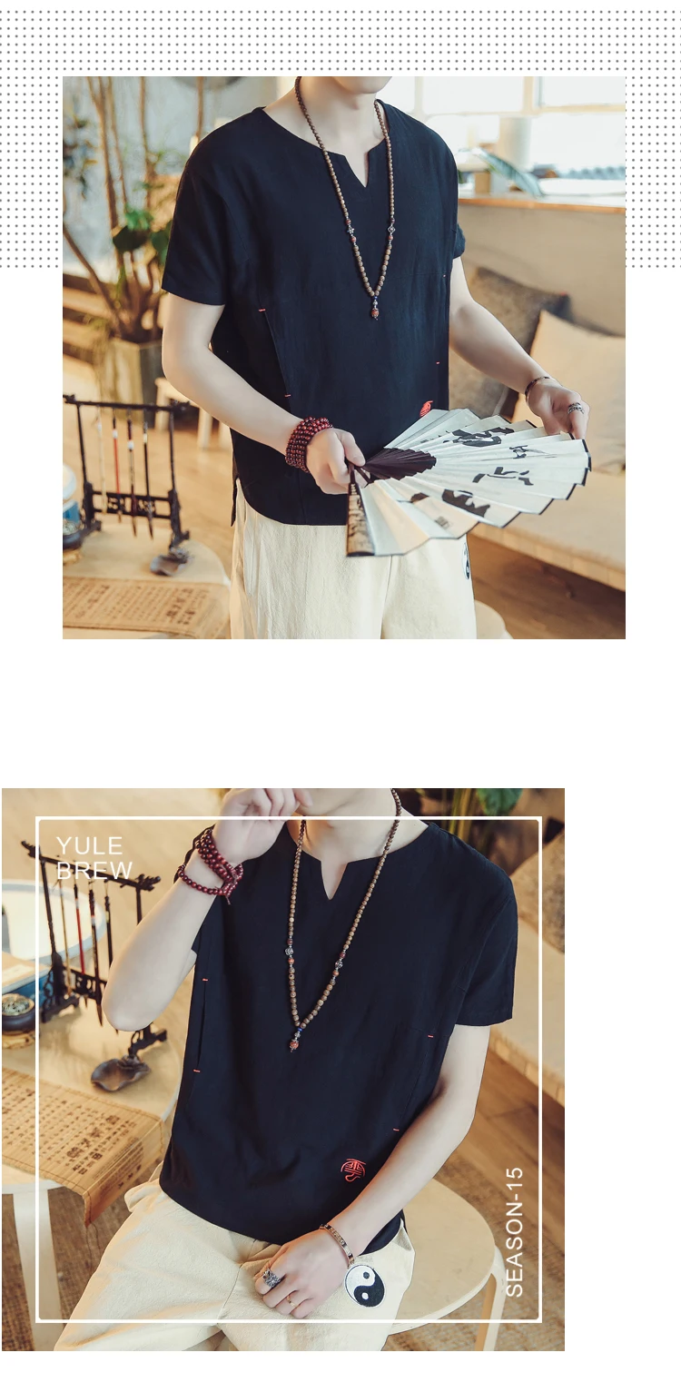 Новая Летняя мужская рубашка с v-образным вырезом и вышивкой Модная хлопковая льняная свободная трендовая рубашка с коротким рукавом модный бренд Топ пальто