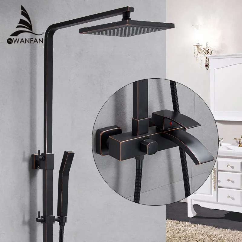 Shower Faucets Brass Black Bathtub Faucet Square Tube Single Handle Top Rain Shower With Slide