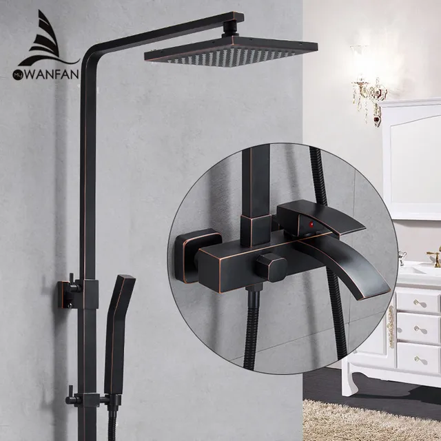 Shower Faucets Brass Black Bathtub Faucet Square Tube Single Handle Top Rain Shower With Slide