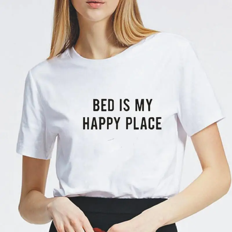 Футболка женская хлопковая в стиле Харадзюку с надписью Bed Is My Happy Place | Женская
