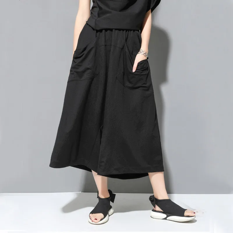 

LANMREM 2019 New Summer Fashion Loose Three Quarter Length Wide Legs Picket Pants Female Elastic Trousers Plus Size WG94701XL