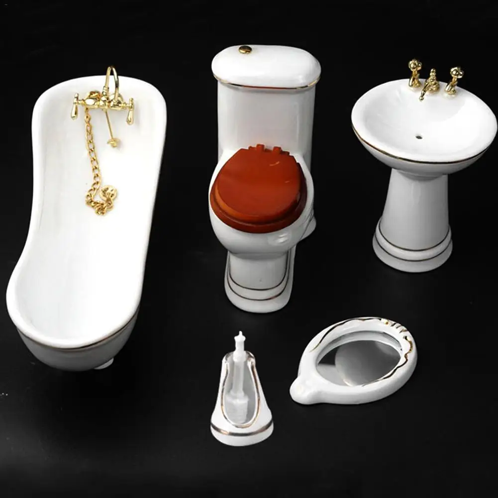 Doll Accessories 5PCS Doll House Accessory Mini Bathroom Set Bathroom Model For Doll House Toys For Girl Bathtub toilet model