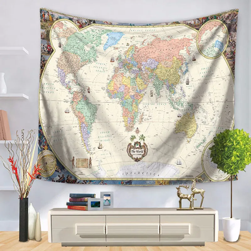 Vintage World Map Pattern Tapestry European Style Wall