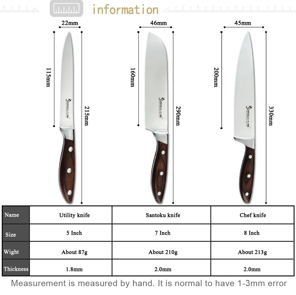 SOWOLL Stainless Steel Knife Kitchen Chef's Knife High Carbon Gyutou Nakiri Santoku Utility Knives Triple-Riveted Handle Tools