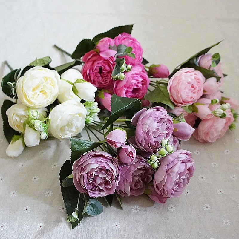 5 голов/Букет роз Искусственные цветы искусственный шелк Букет пионов розовый белый свадебный домашний декор для гостиной