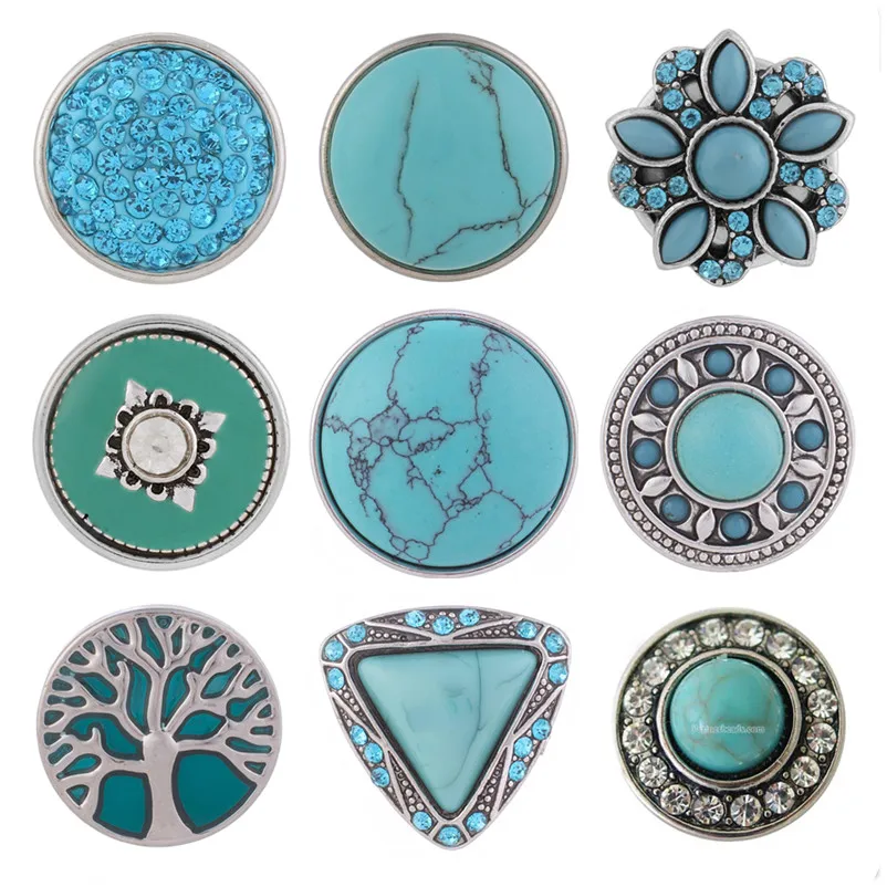 

9pcs/lot Wholesale trendy 18mm blue stone snap button jewelry ginger snaps fit button snap bracelets necklace jewelry KB4746
