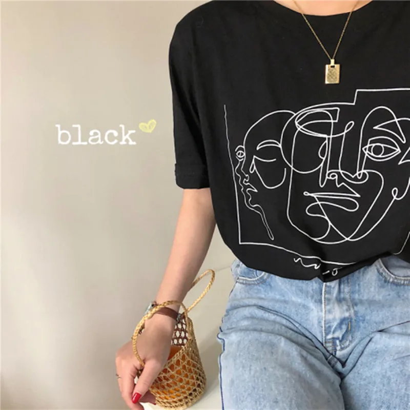  2 colors summer women tops 2019 korean stle cartoon print short sleeve t-shirts womens tee shirt fe