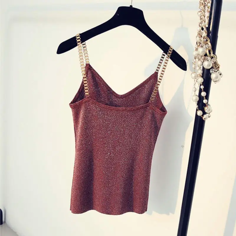 white bra 5 Colors Female Sleeveless Tank Tops Sexy Women V-Neck Knitted Camisole Club Girls Spaghetti Metal Strap Thin Shiny Glitter cami top