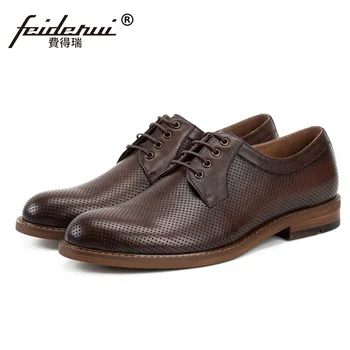 

New Summer Breathable Genuine Leather Men's Footwear Round Toe Derby Wedding Party Flats Handmade Formal Dress Man Shoes SS165